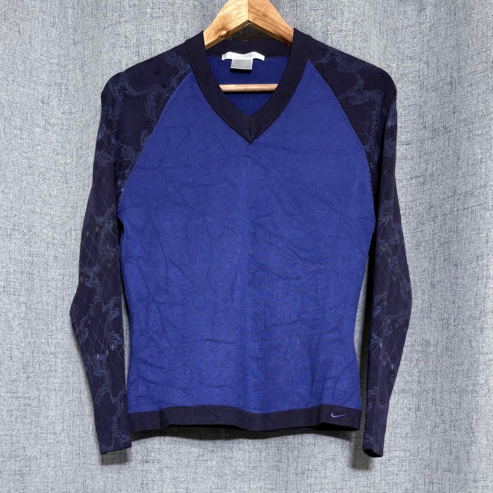 Nike Golf V Neck Long Sleeve Sweater  Women M Blue Patterned Sleeves Dri Fit